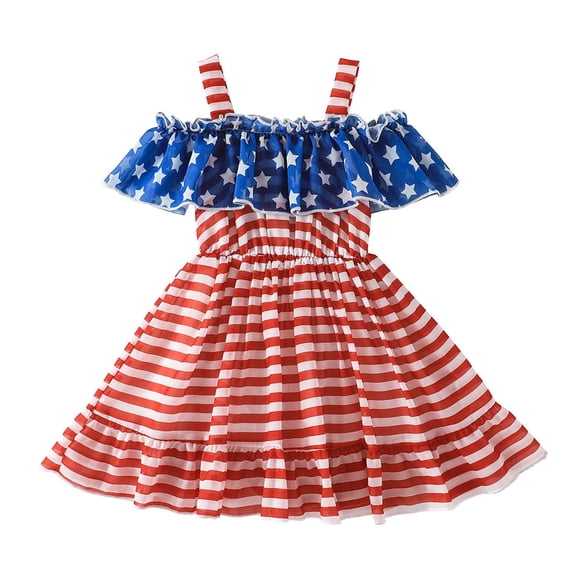 Splozh 4th Of July Outfits for Toddler Girls Toddler Girls Independence Day Stars Striped Printed Dress 4th Of July Kids Ruffles Princess Dresses Red,18 Months