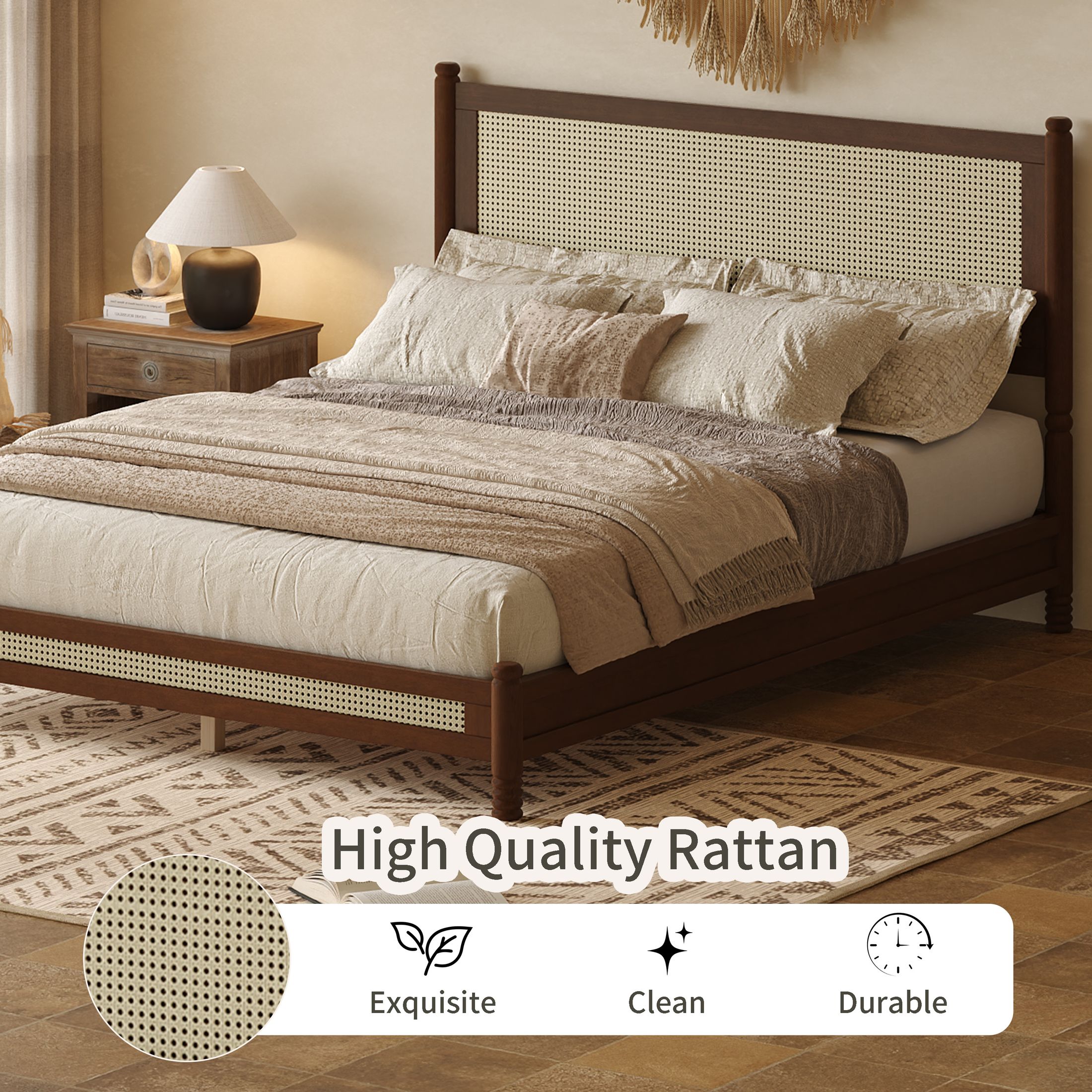 GDF Studio Annes Queen Size Boho Rattan Platform Bed Frame with Turned Legs, Woven Cane Pine Wood Bed Frame, Walnut