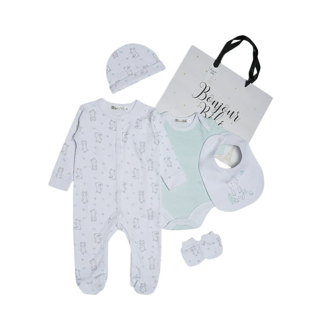 Bonjour Bebe Spring Teddy 5-Piece Layette Set – 100% Cotton Baby Essentials, Sleepsuit, Bodysuit & More – Adorable & Comfortable Gift for Baby Boys & Girls