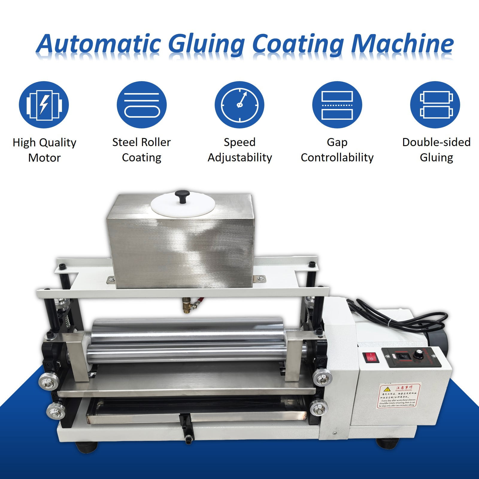 Automatic Double-Sided Gluing Machine 15.35" Steel Roller Glue Coating Machine for Paper Leather Craft 110V