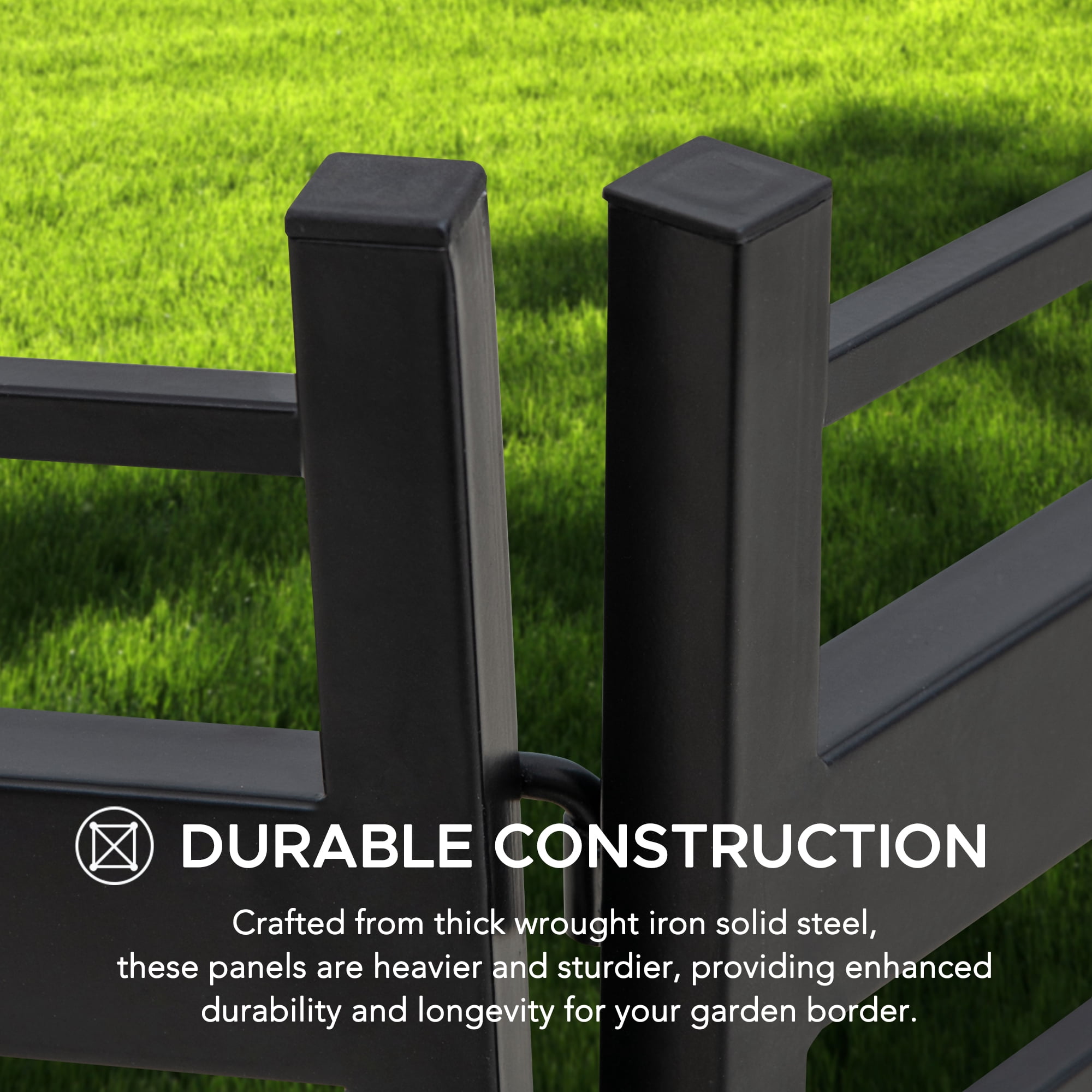 SUNJOY Garden Fence Solar Border Fencing with Waterproof LED Path Lights, Metal Strip Pattern Fence Panel Outdoor Decorative Garden Fences(5PK), Black
