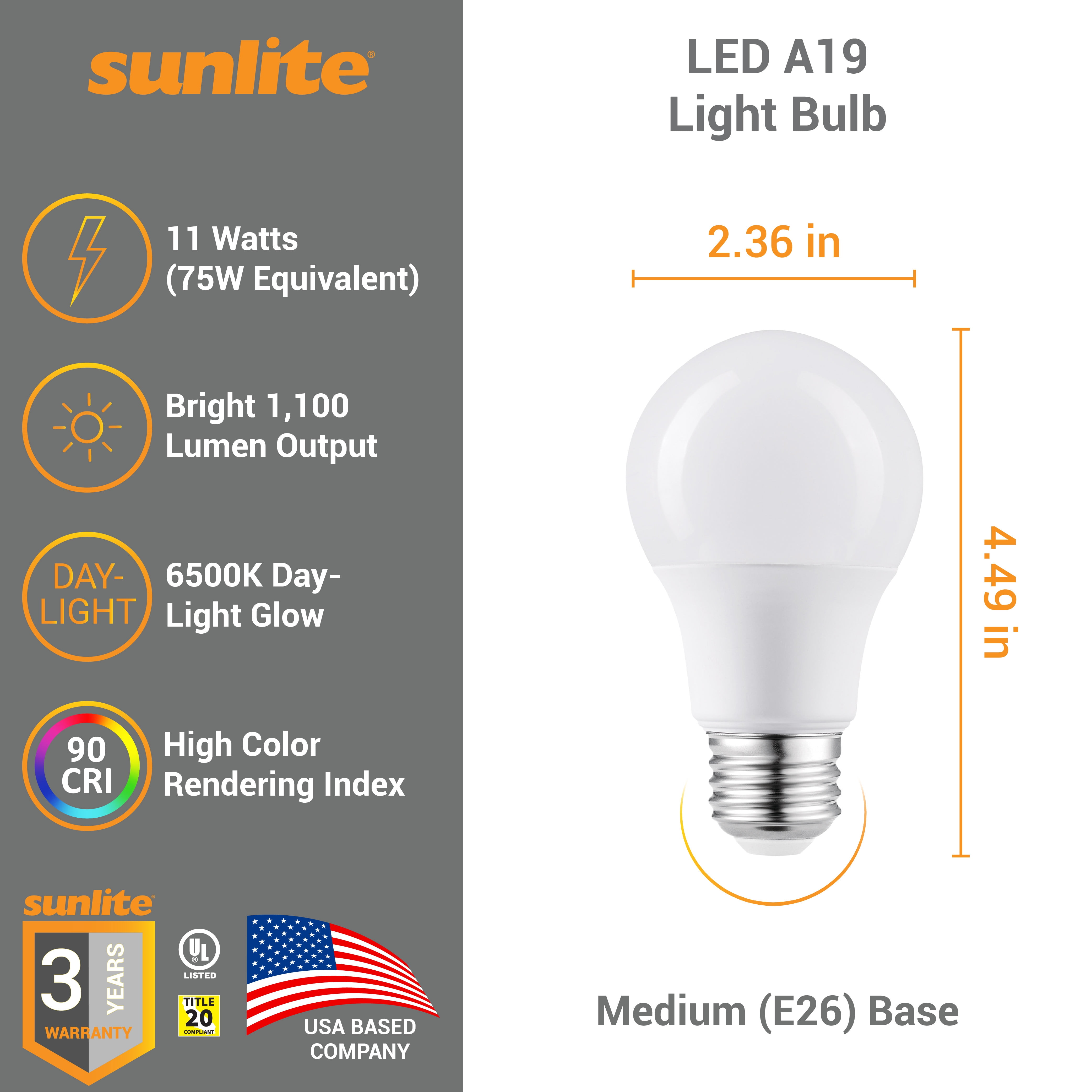 Sunshine Lighting B3166934 Sunlite LED A19 Light Bulb - E26 Base - 11W - 1100 Lumens - 6500K - Daylight - Pack of 6