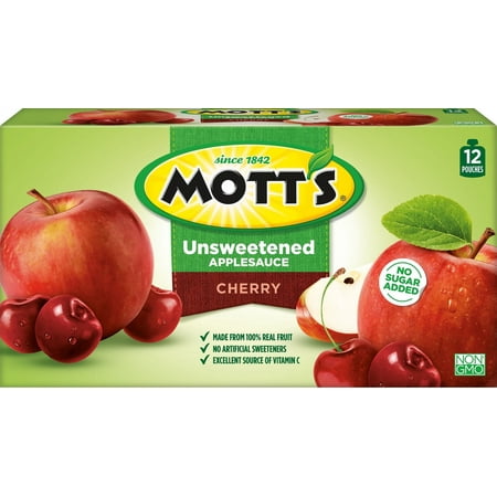 Mott's Unsweetened Cherry Applesauce, 3.2 oz Pouches, 12 Ct (Pack of 4)