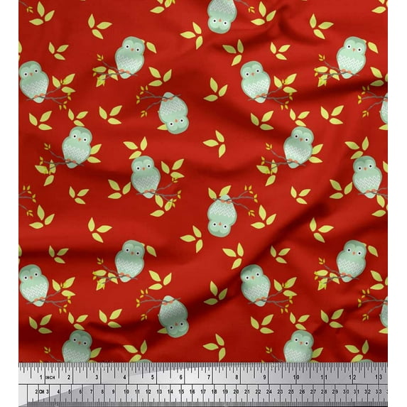 Soimoi Rayon Fabric Leaves & Owl Bird Printed Craft Fabric by the Yard 56 Inch Wide