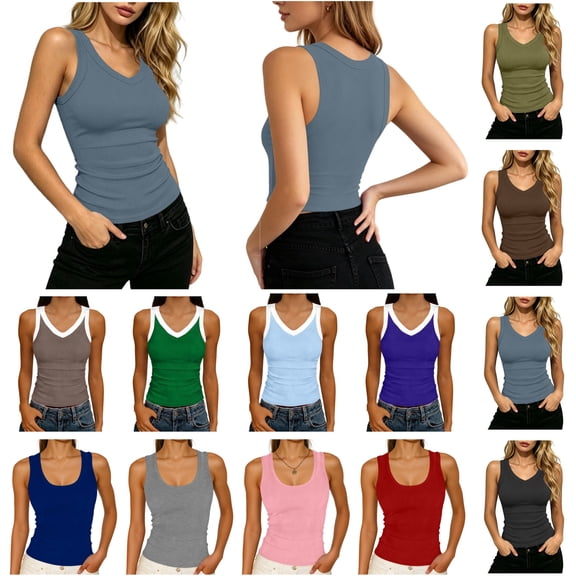 lcziwo Womens Solid Color Tank Top Ribbed Knit Wide Strap Crew Neck Undershirt Summer Holiday Athletic Slim Fit Cami Top White M