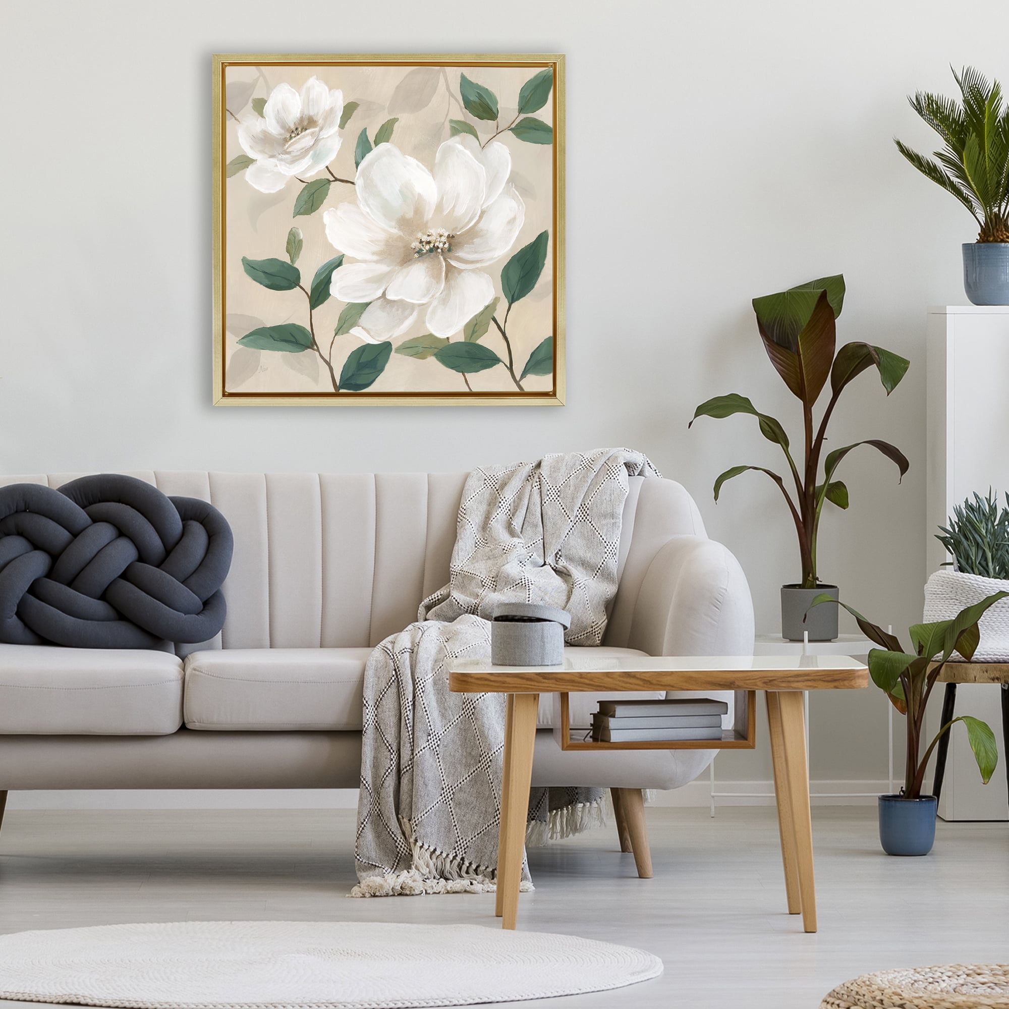 Stupell Industries Serene White Blossom with Leaves Gold Framed Floater Canvas Wall Art, design by Nan