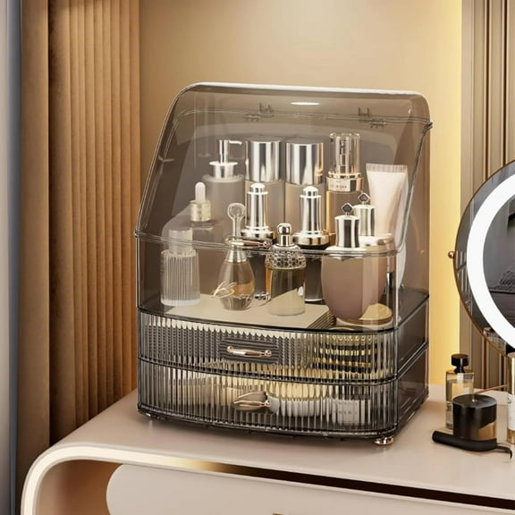 Clear Makeup Organizer Countertop with Drawers and Lid, Dustproof Organizers and Storage for Bathroom Vanity, Ideal for Cosmetic, Beauty Supplies -Black