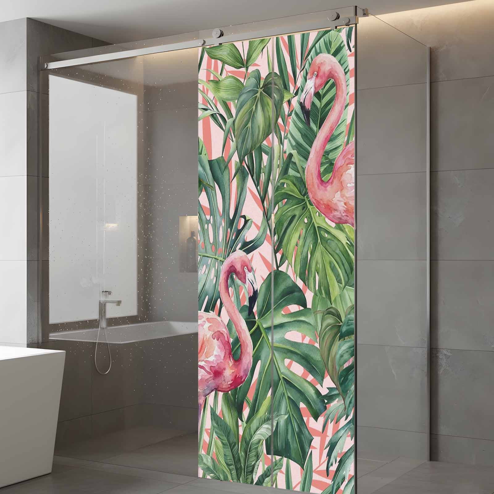 Pink Flamingo Window Privacy Film, Country Tropical Animal Green Monstera Leaf Plant Farm Frosted Glass Window Clings Static Cling UV Heat Blocking Reusable Door Sticker for Bathroom 23.6 x 59 Inch