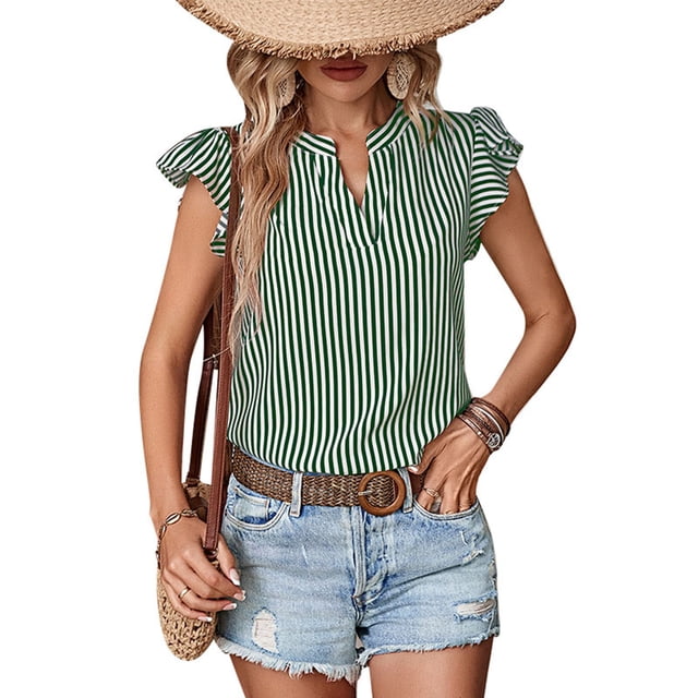Blusa de manga corta con volantes Blusa de manga corta con escote en V y estampado de rayas para mujer Lady Green L