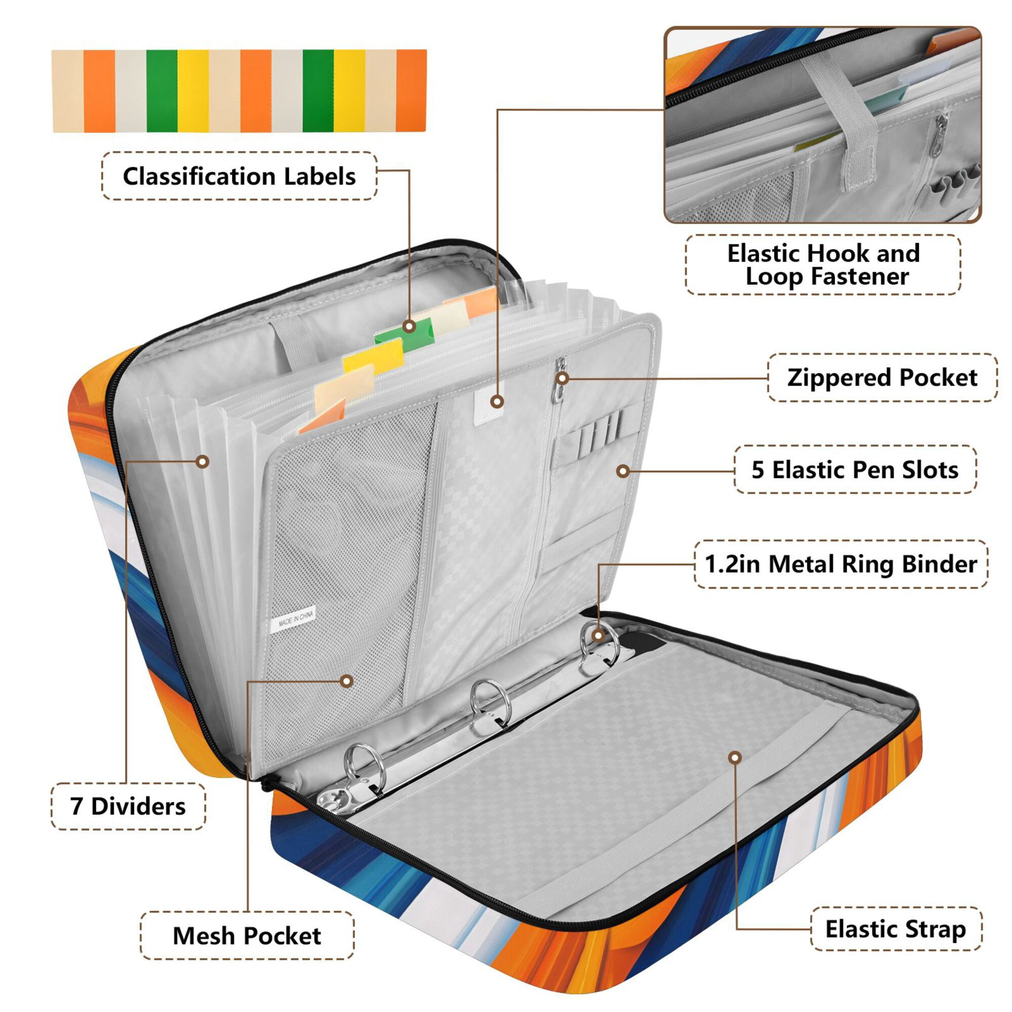 FORMRS Accordion File Folder A4 Size 7-Pocket Expanding Document Organizer Bag with 3 Ring Binder, Orange Abstract Wavy