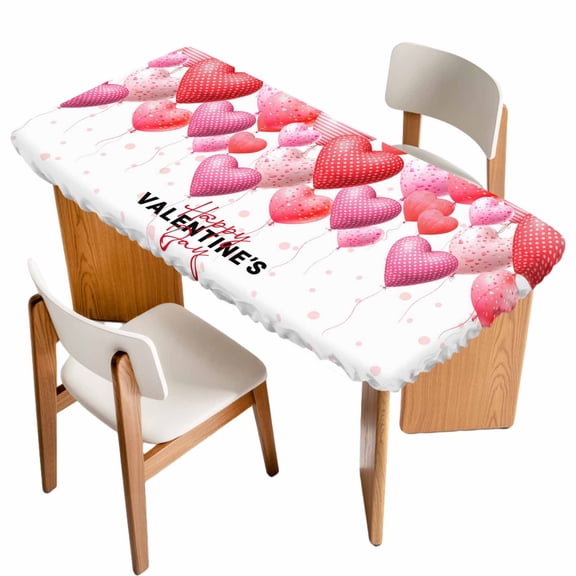 Valentines Day Table Cloths for 6 Foot Rectangle Tables, Pink Red Love Dots Balloons Romantic Patio Waterproof Elastic Fitted Tablecloths, Washable Rectangular Table Cover for Camping