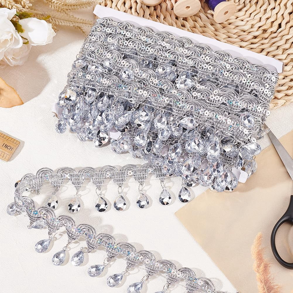9.8Yard 48.5mm Silver Metallic Scroll Braid Trim with Sequins & Clear Rhinestone Polyester Hanging Beads Fringe Trim Gimp Braid Trim Sewing Tassel Trim by The Yard