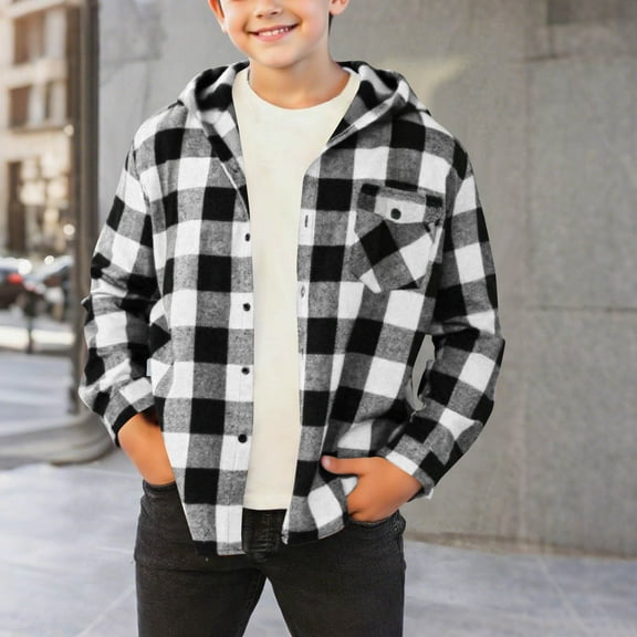 ATOGUTA Boys Shirts Unisex Kids Long Sleeve Button Down Plaid Shirts Size 4T-15, Black