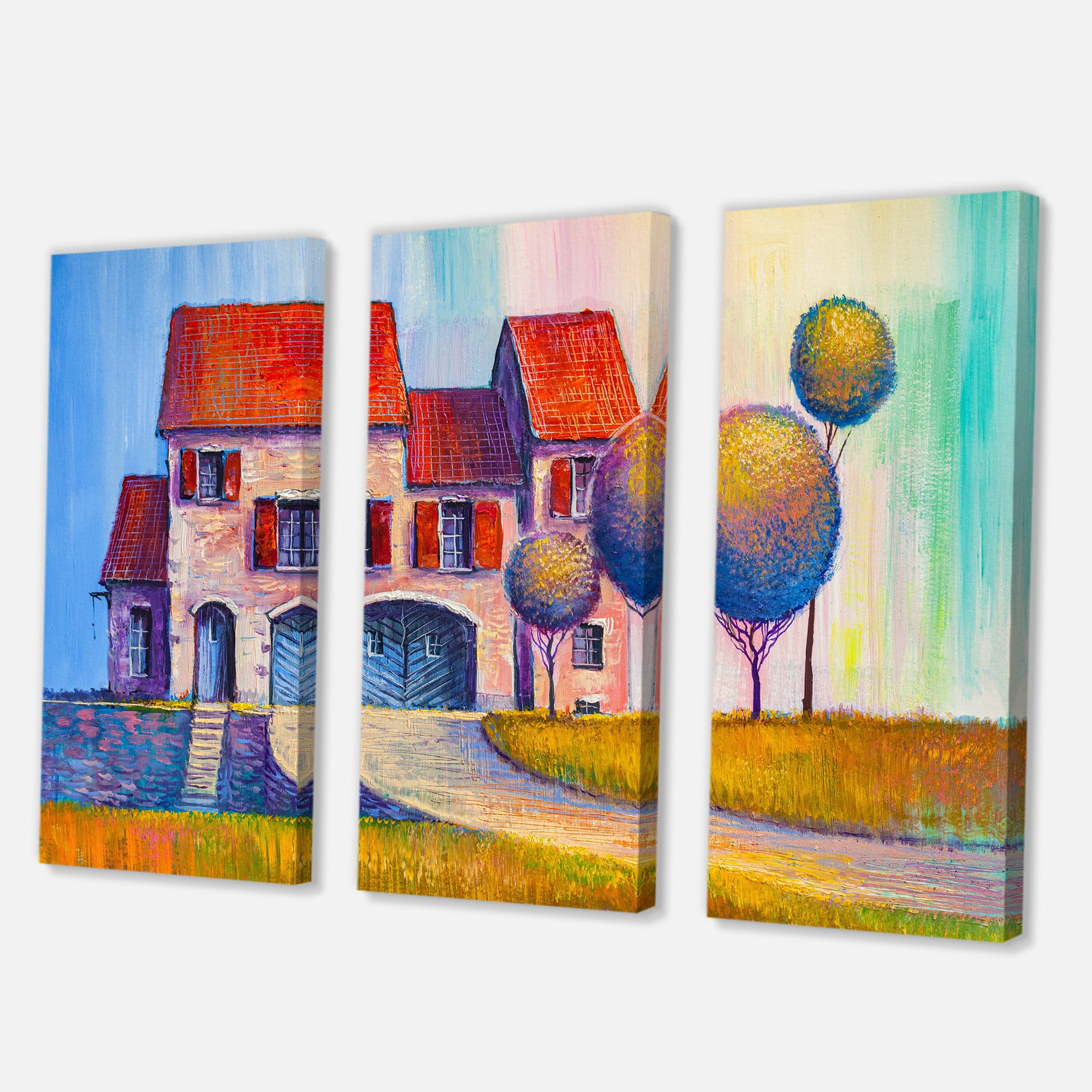 Designart ' A Red Roof House With In The Village ' Modern Canvas Wall Art Print