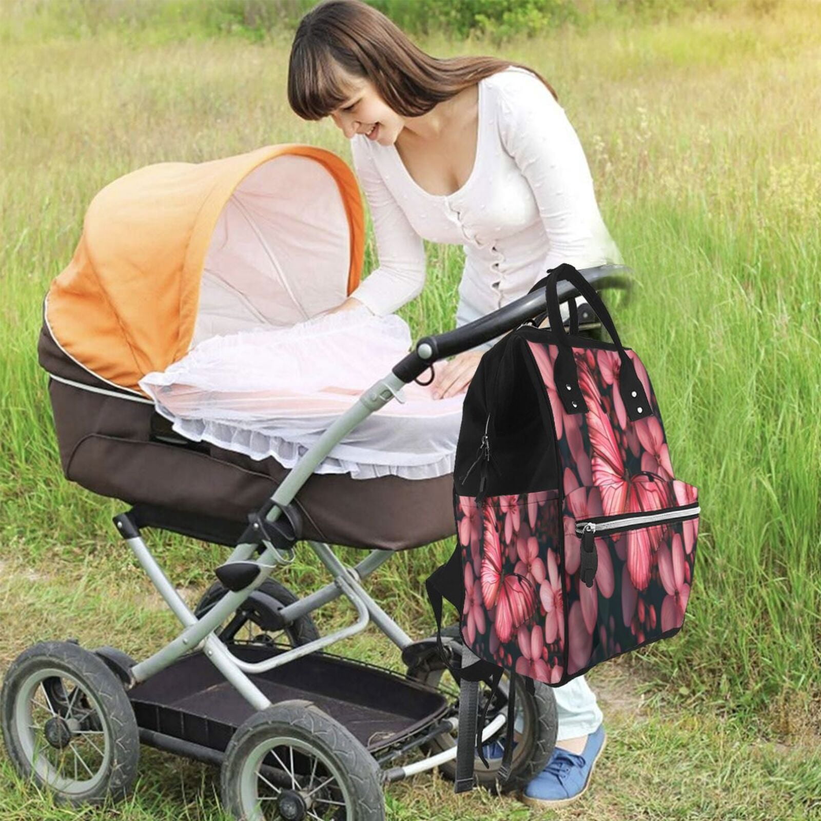 Fuzoiu pink butterfly Print Diaper Bag Backpack,Baby Essentials Travel Tote,Multi function Waterproof Diaper Bag, Travel Essentials Baby Bag - Unisex