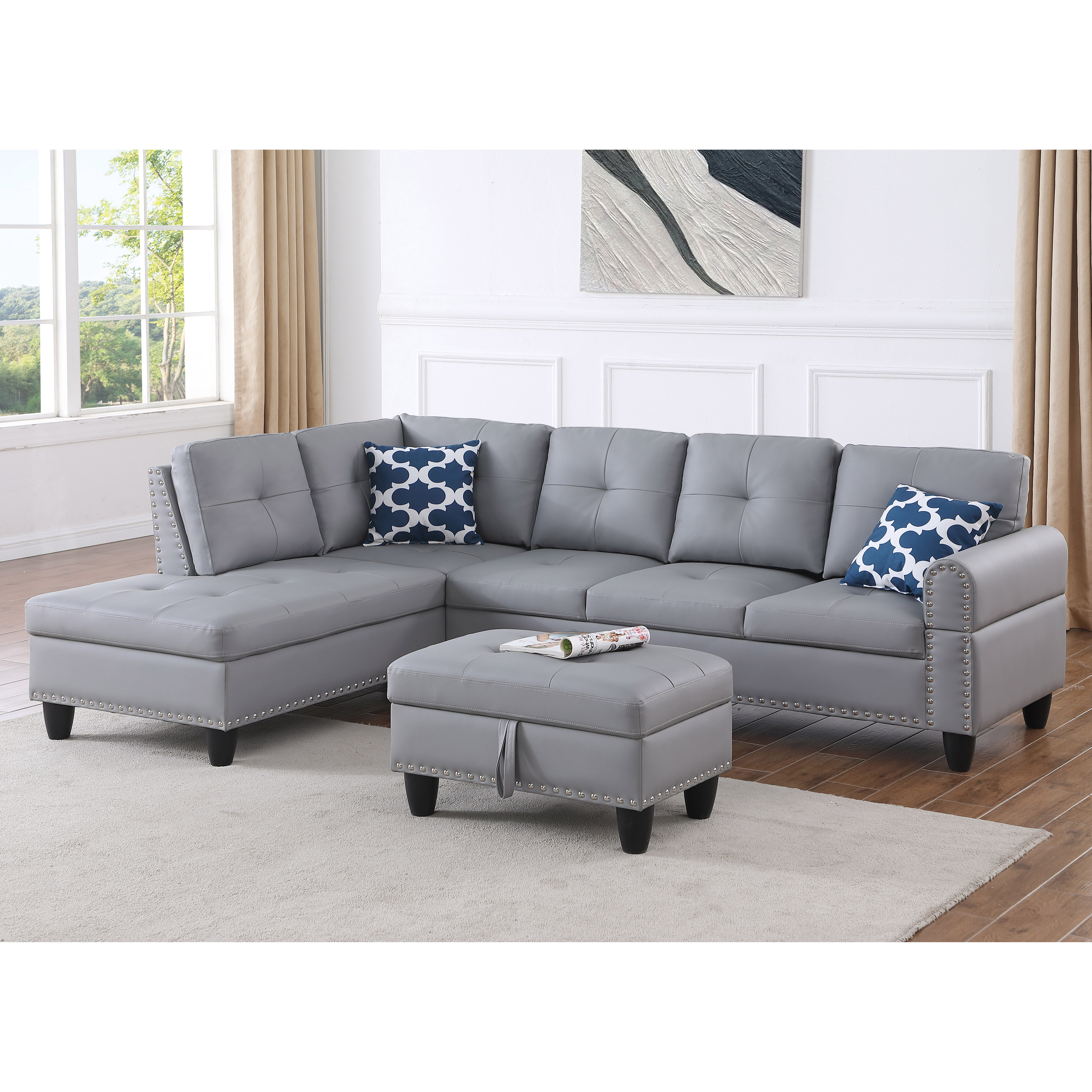 Gewnee L-Shaped Sectional Sofa with Nailhead Trim, Fold-Down Cup Holder, Storage Ottoman & 2 Toss Pillows for Living Room, Gray