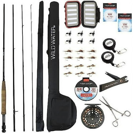 Deluxe Fly Fishing Combo Starter Kit - 5 Weight 8 Foot Graphite Rod with Cork Handle Die Cast Aluminum Reel Carrying Case Fly Box Case & Fishing Flies