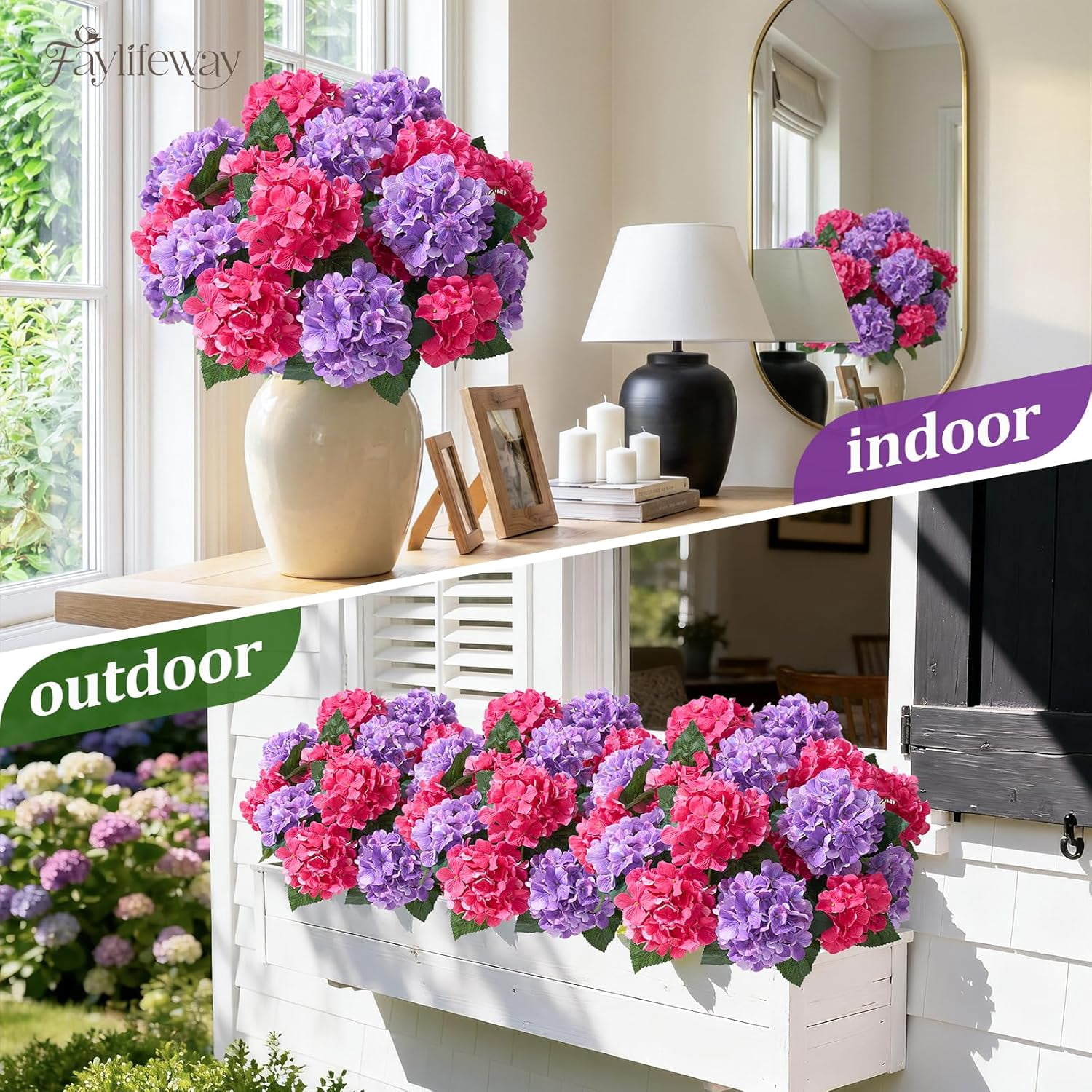 24 Heads Artificial Hydrangea Flowers for Outdoor Decor,  Faux Silk Planters Porch Garden Window Box  Decoration