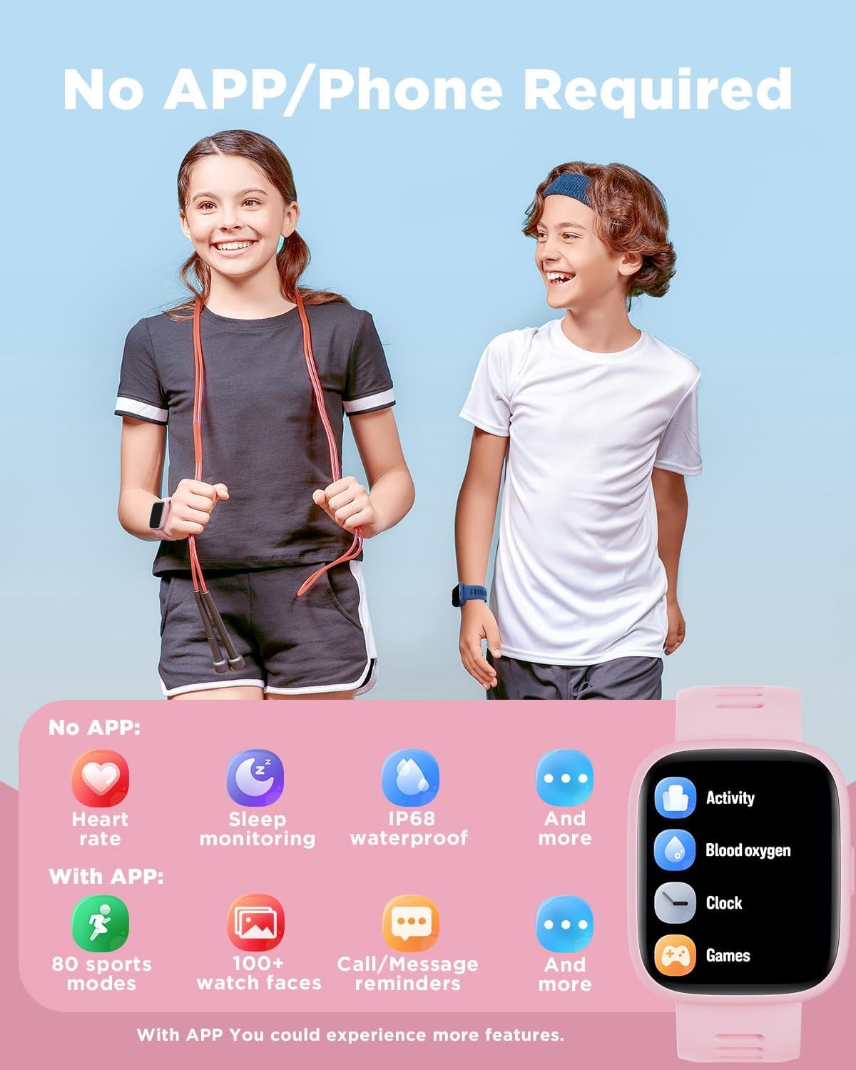 BIGGERFIVE Smart Watch for Kids, 1.8" Fitness Tracker Watch Pedometer, IP68 Waterproof, Sleep Monitor, Calorie Step Counter, 5 Puzzle Games with/Without APP for Girls Teens 5-16