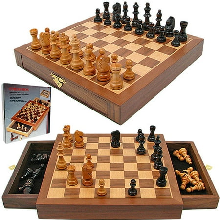 Inlaid Walnut Style Wood Cabinet with Staunton Wood Chessmen