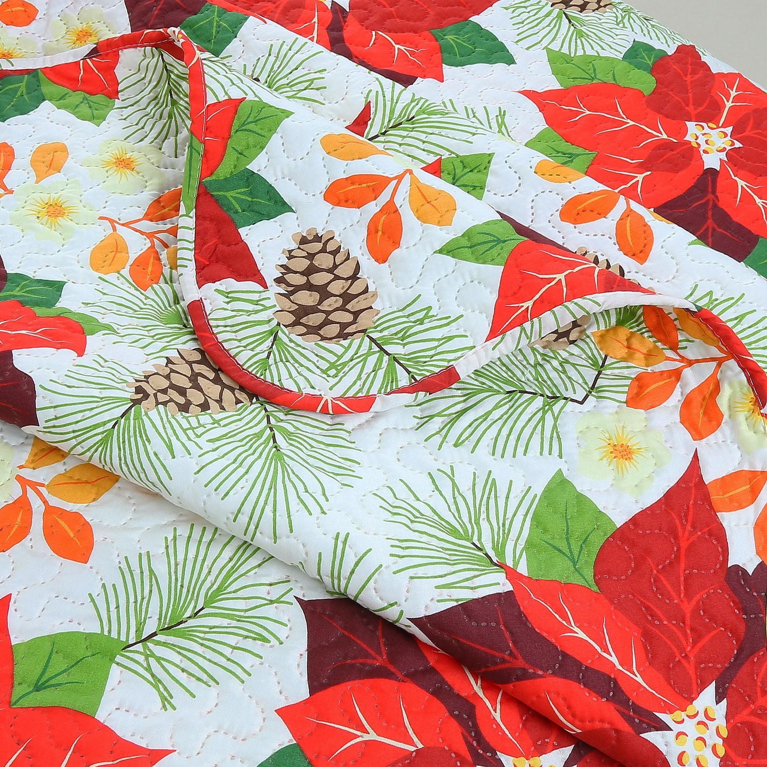 Marina Decoration Rich Printed Embossed Pinsonic Coverlet Bedspread Ultra Soft Bedding Summer Christmas Quilt Set with Shams, Red Poinsettia White Base Pattern
