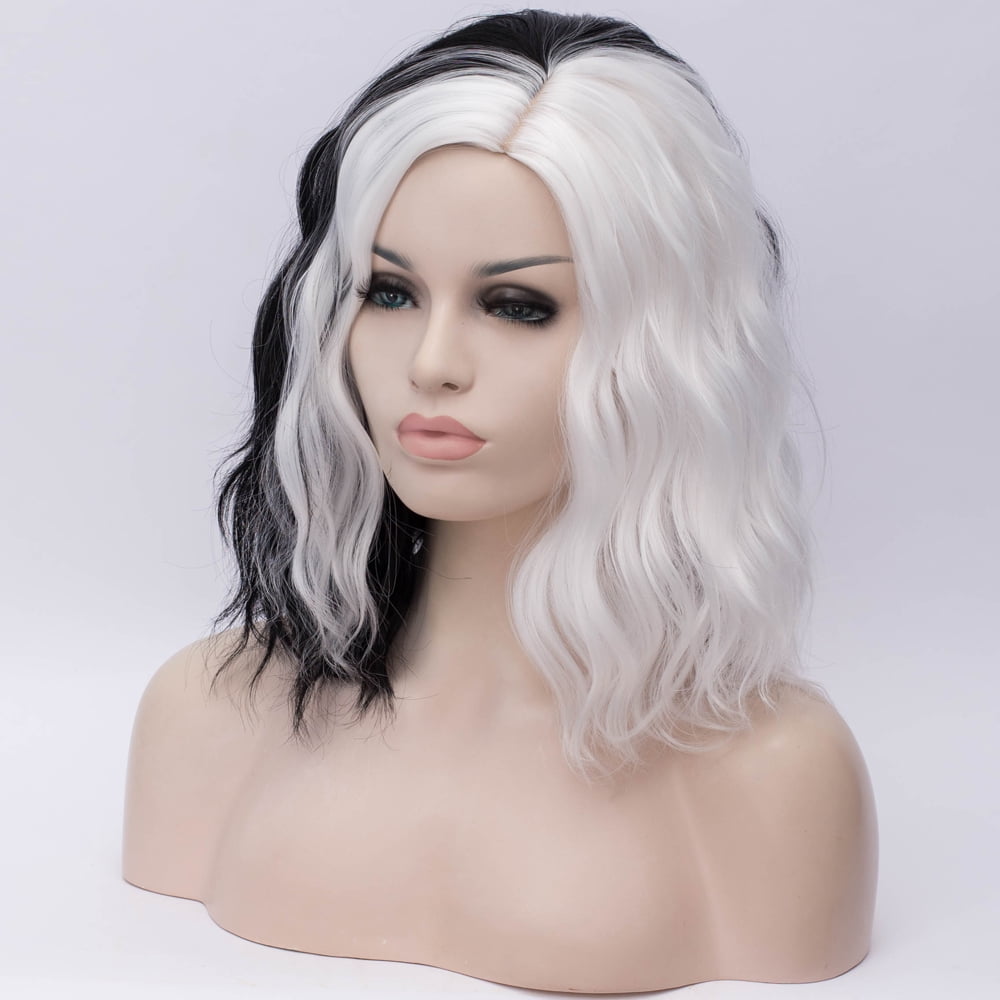 Righton Black And White Wig Short Curly Wavy Wig Half Black And Half White Wig For Women Girls Synthetic Hair Wigs With Wig Cap Walmart Com