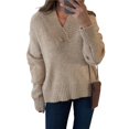 thumbnail image 2 of Suéter de Mujer con Cuello en V, Estilo Oversize, Ideal para Otoño. Tejido de Punto Moderno, Informal y Holgado. Larga. Caqui XL, 2 of 10
