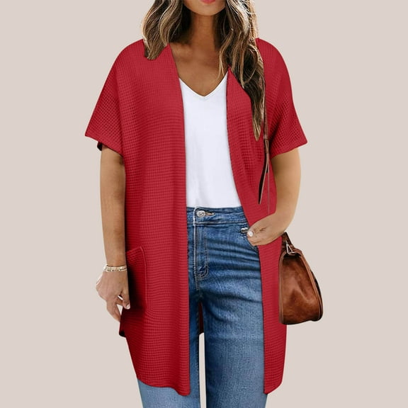 Bzhegqhd Women Solid Color Plus Size Open Spring Summer Casual Short Sleeved Front Open Top Cardigan Jacket with Pockets