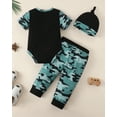 thumbnail image 3 of Kucnuzki Newborn Baby Boys Summer Outfit Sets 6-12 Months Casual Clothes Short Sleeves Romper Letter Print Top Camouflage Pants Sets with Hat 3pcs Clothing Black, 3 of 8