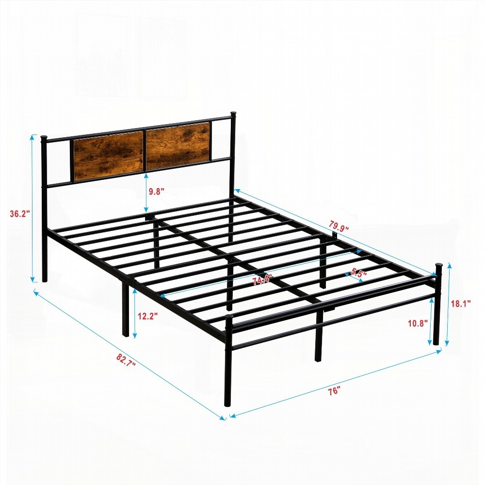 King Size Metal Platform Bedframe with Wood Panel Headboard, Black, for Bedroom