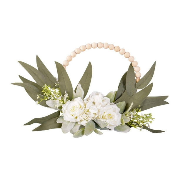 Corona floral de cuentas de madera para puerta de entrada, aros florales, decoración del hogar, pared bohemia Blanco
