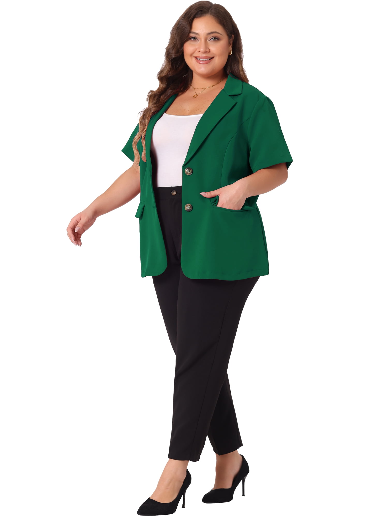 DARING DIVA Women's Plus Casual Blazers Short Sleeve Notched Lapel Blazer 1X Dark Green