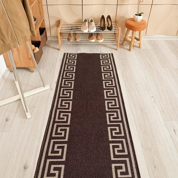 Custom Size Greek Key Design Brown,Red,Gray,Dark Gray Color Options Non-Slip Rubber Backing- 26 Inch Wide by Your Choice of Length-Hallway Stair Runner Carpet