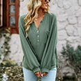 thumbnail image 2 of Camiseta holgada de punto con cuello en V para mujer Otoño Invierno Color sólido para vacaciones de ocio Verde S, 2 of 6