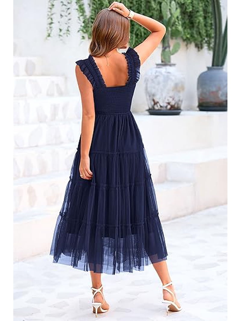 Prettygarden Women's Midi Tulle Dress Sleeveless Smocked Square Neck Ruffle Flowy Party Wedding Guest Sundress, Size: XL, Blue