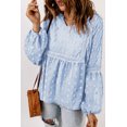thumbnail image 1 of Women's Blue Ruffled Split Neck Lace Hollow Out Puff Sleeve Polka Dot Blouse, 1 of 5