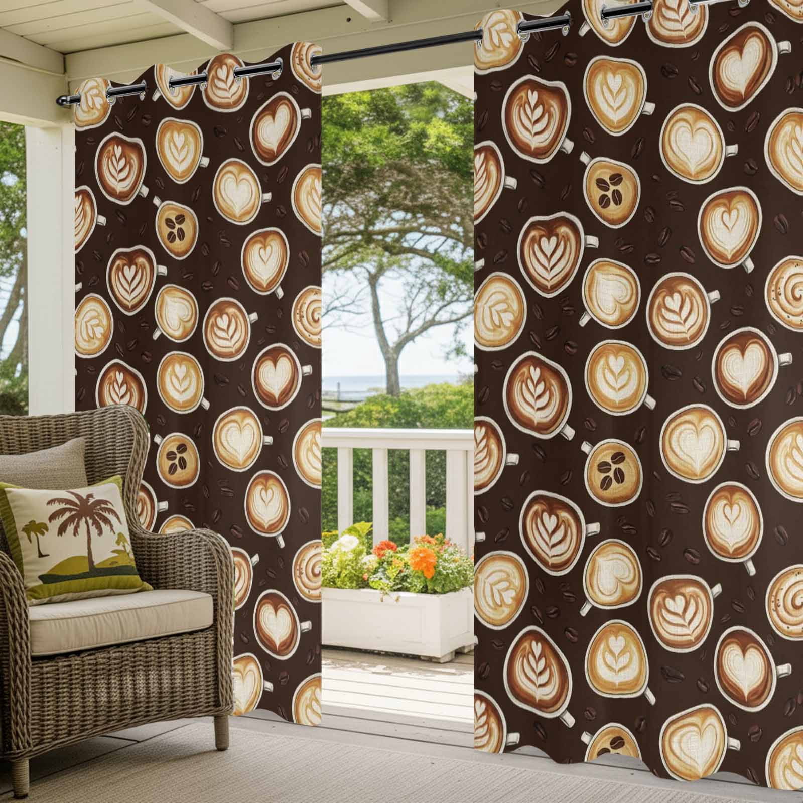 Coffee Cups Outdoor Curtains for Patio, Country Coffee Beans Latte Dark Brown Sunshade Privacy Drapes Grommet Waterproof Outside Curtains for Porch/Cabana/Balcony 54"x 108", 1 Panel