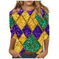 thumbnail image 2 of AGWOLF Mardi Gras Shirts for Women Carnival Party Outfits Round Neck 3/4 Sleeve Cute Shirt Glitter Graphic T-Shirts Festival Tops, 2 of 5