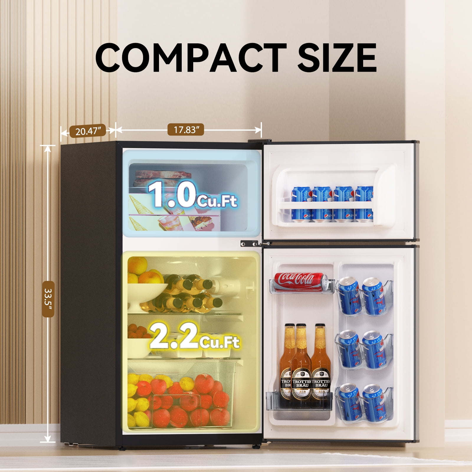 Frestec 3.2 Cu Ft Double Door Mini Fridge with Freezer, Compact Refrigerator for Bedroom, Dorm, Apartment, Stainless Steel Look