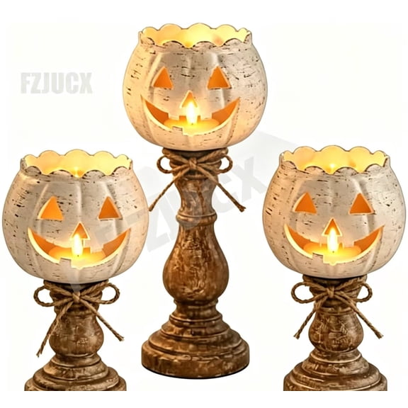 Rustic White Pumpkin Tealight Candle Holder Set of 3, Farmhouse Fall Pumpkin Candle Holders for Halloween, Thanksgiving, Autumn Table Centerpiece, Mantel, Shelf & Home Decor