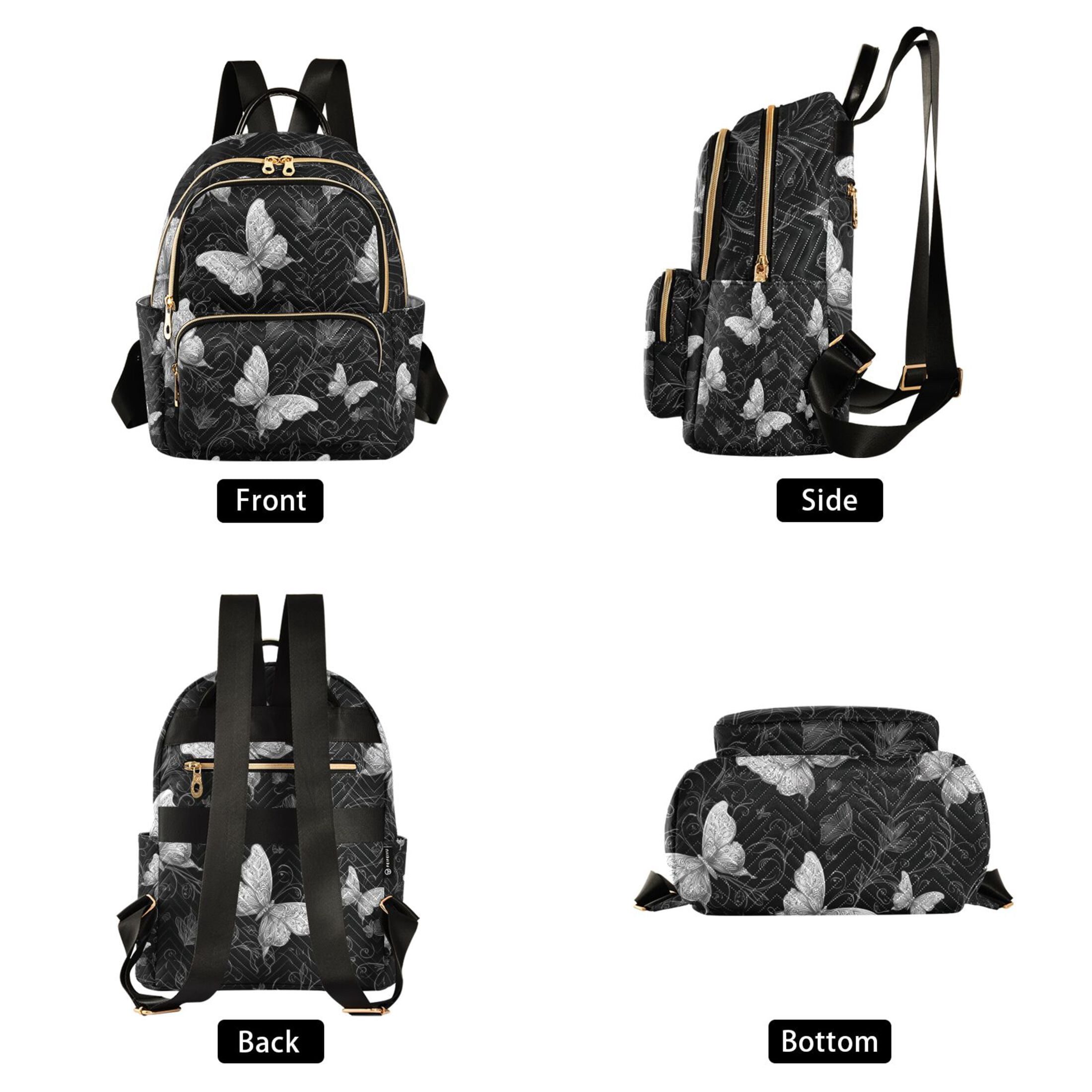 Gray Butterflies Flowers on Black Background Quilted Backpack Fashion Daypack Commuter Bag for Women 14 L