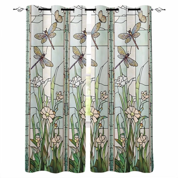 Dark Green Grass Blackout Curtains 45 Inches Long for Bedroom, Flower Dragonfly Retro Pastoral Rustic Thermal Insulated Room Darkening Black Out Window Curtain Panels Grommet Drapes for Living Room