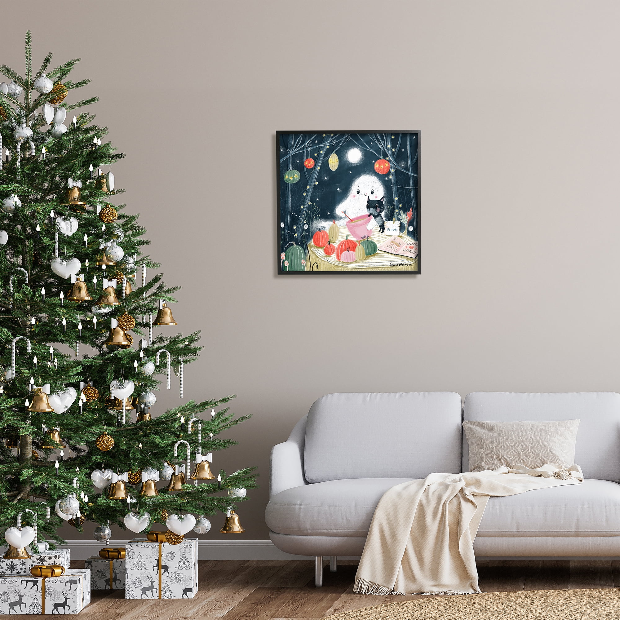 Stupell Industries Cat & Ghost Baking Pumpkin Cake Holiday Painting Black Framed Art Print Wall Art