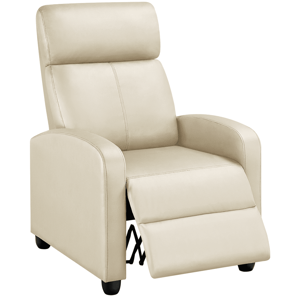 Alden Design Faux Leather Push Back Theater Recliner Chair with Footrest, Cream