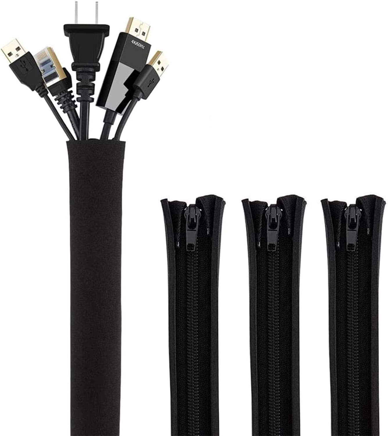 FEFEFW-Cable Management Sleeve, 19-20 Inch Cord Management Sleeves with Zipper and Bundling Ties for TV/Computer/Home Entertainment Cable Wrap Cover Organizer,4 Pack, Black