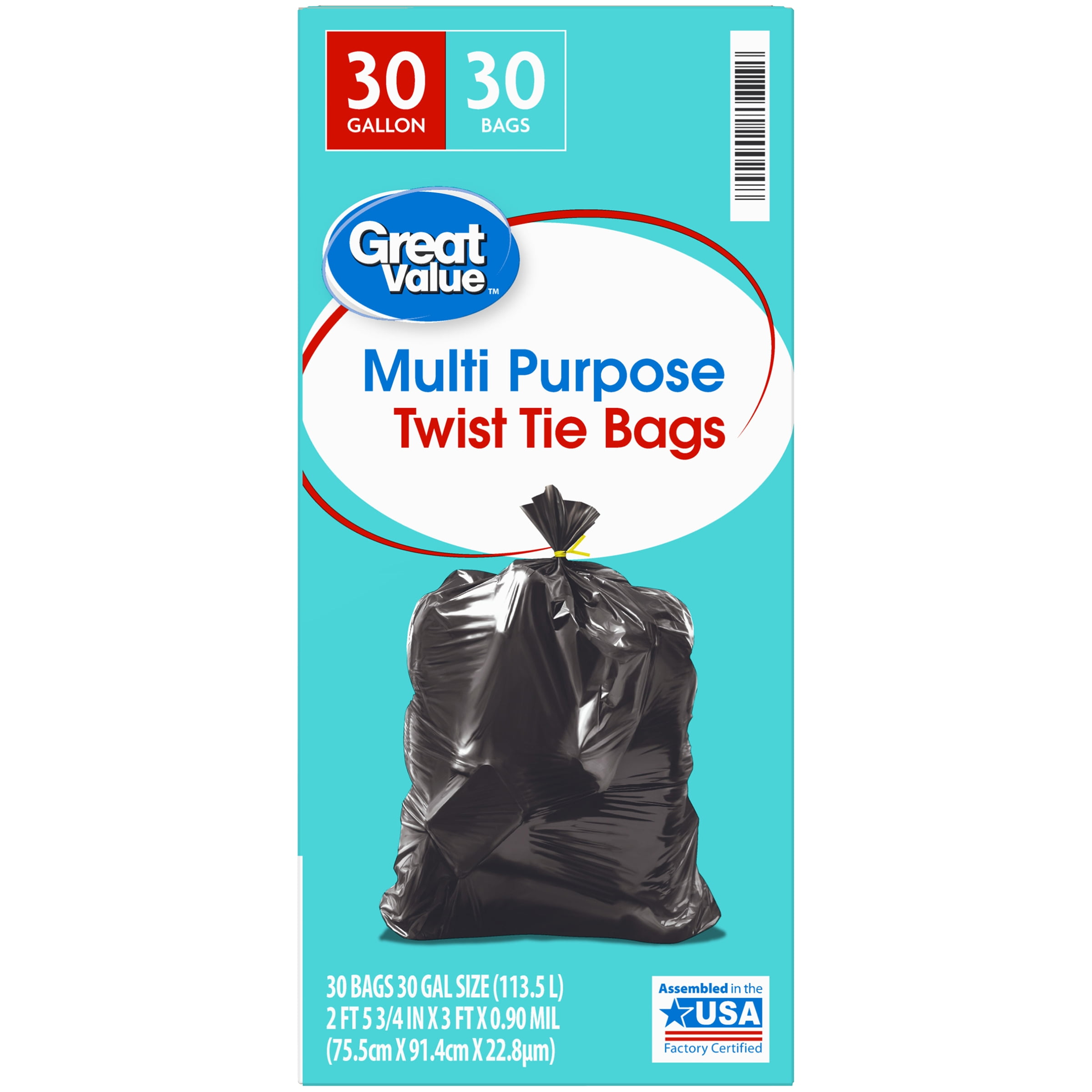 Great Value 30-Gallon Multi-Purpose Flap Tie Trash Bags, 20 Bags