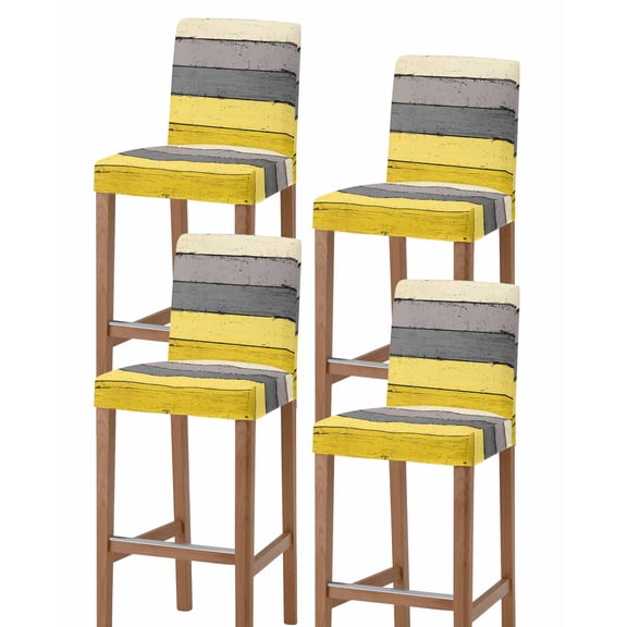 Yellow Grey Bar Stool Covers Set of 4, Vintage Stripe Farmhouse Wood Grain Ombre Stretch Washable Bar Chair Covers with Backs, Removable Pub Counter Height Chair Cover for Kitchen Dining Room Cafe