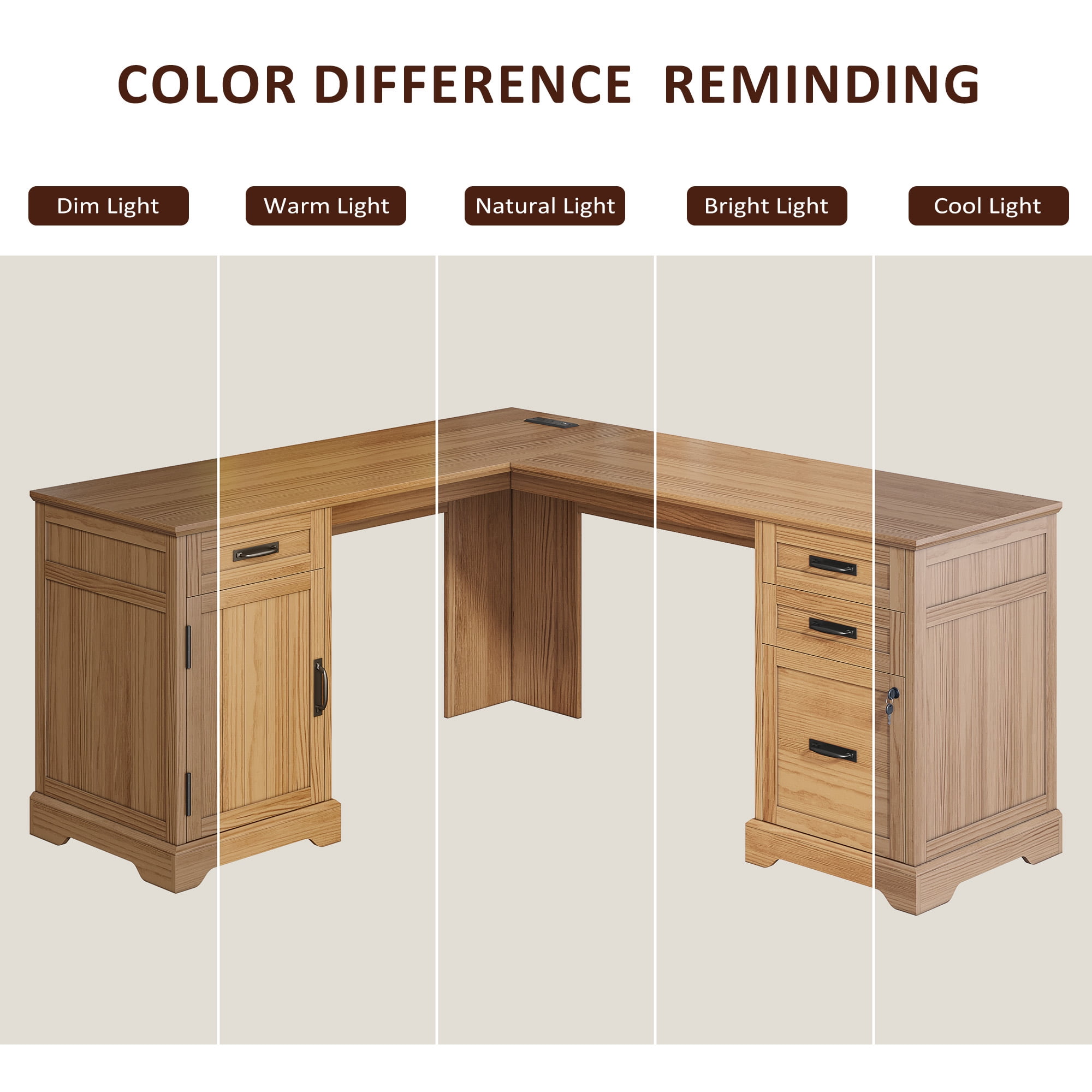67'' Farmhouse L Shape Desk with File Drawers and Charging Station for Home Office, Walnut
