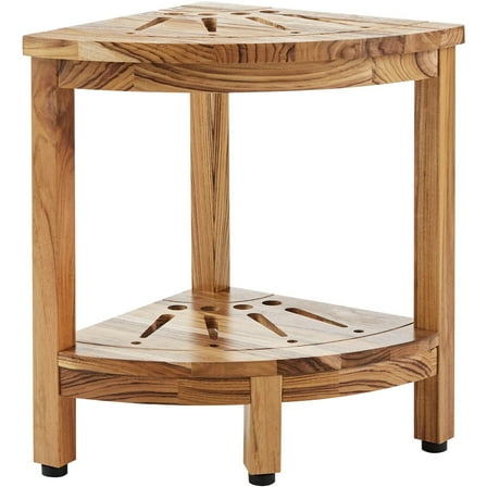Corner Teak Shower Bench, 17" Height 12" Radius, 100% Solid Teak Wood Shower Stool with Storage Shelf, 300LB Capacity, for Indoor/Outdoor Bathroom & Shower (Waterproof, Rustproof)