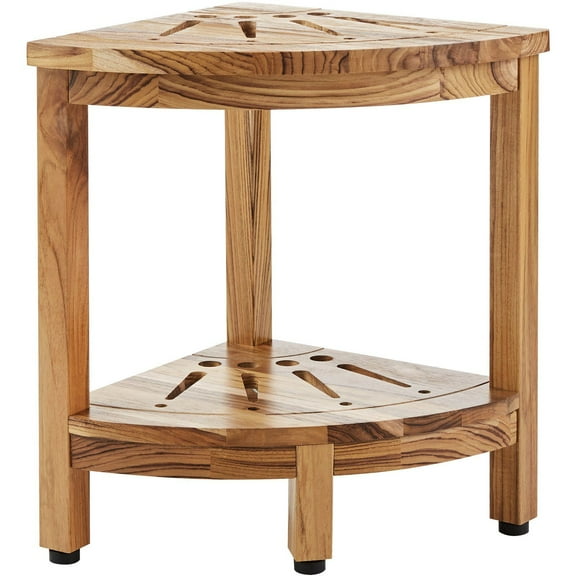 Corner Teak Shower Bench, 17" Height 12" Radius, 100% Solid Teak Wood Shower Stool with Storage Shelf, 300LB Capacity, for Indoor/Outdoor Bathroom & Shower (Waterproof, Rustproof)